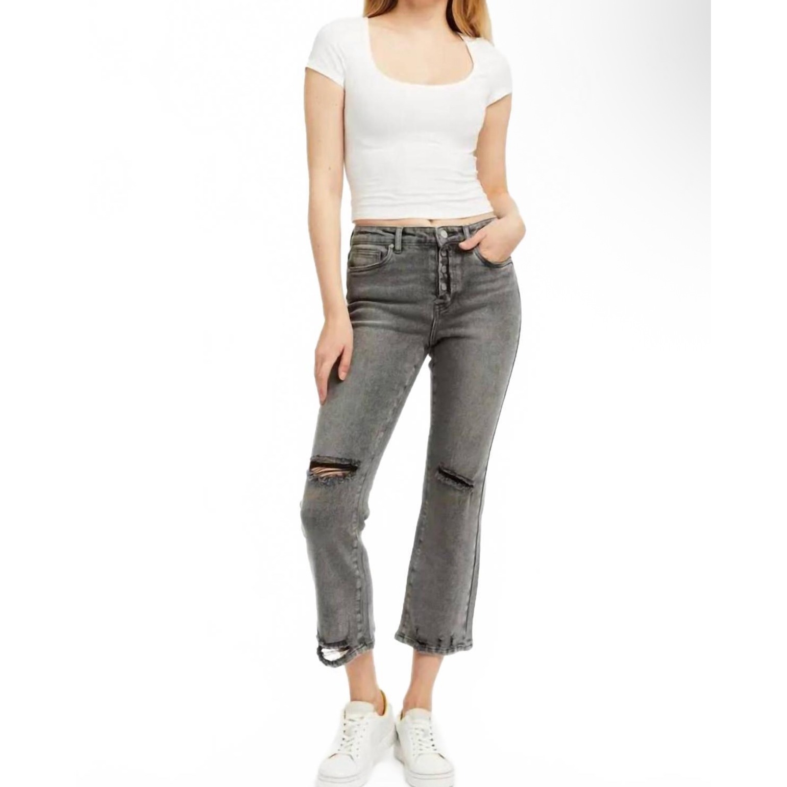 Nwt Tractr Womens Distressed Gray Wash Straight Leg Jeans Size 28 Button Fly
